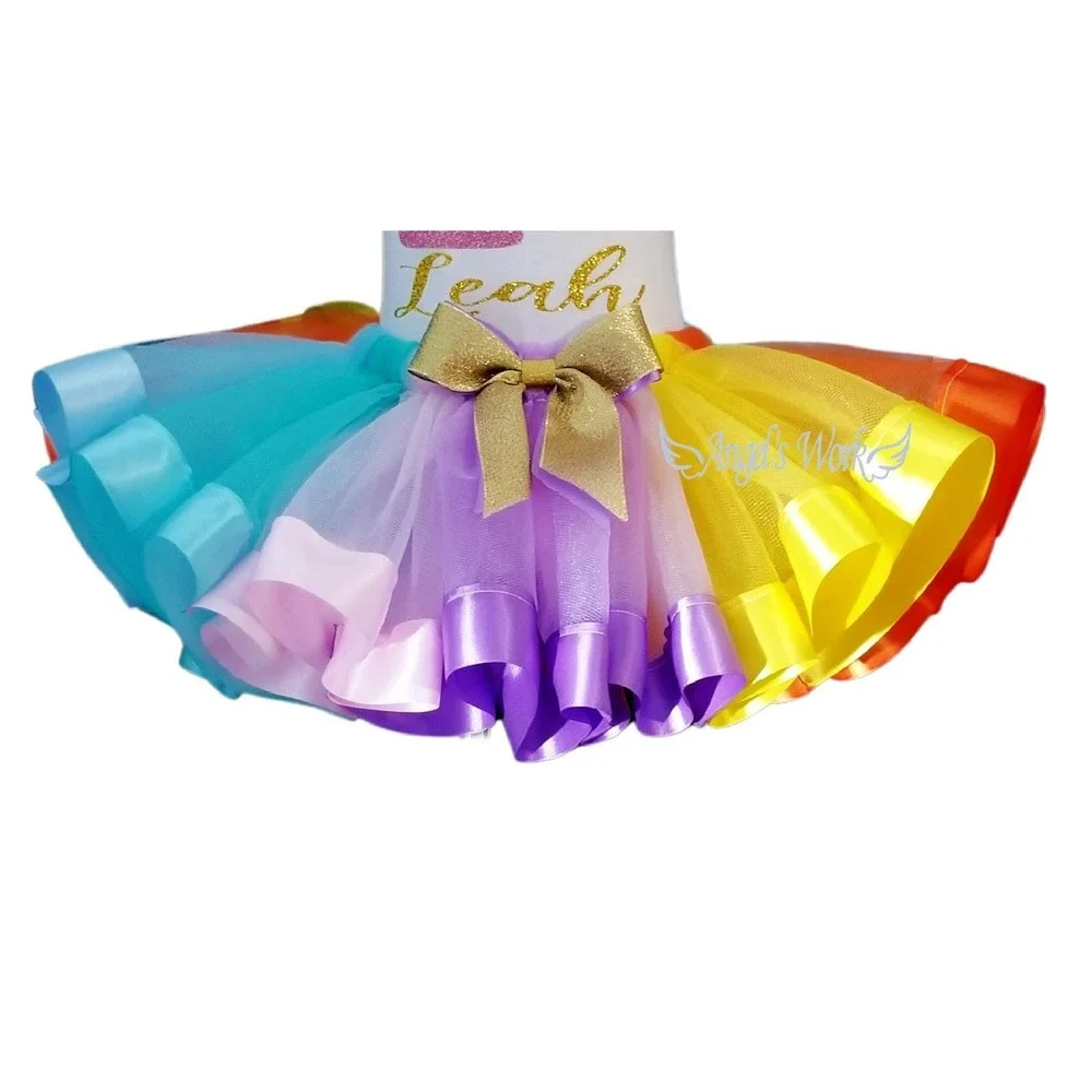 Handmade Pastel Rainbow Tutu Skirt Girls Gold Bow Birthday Photo Prop Dress Up